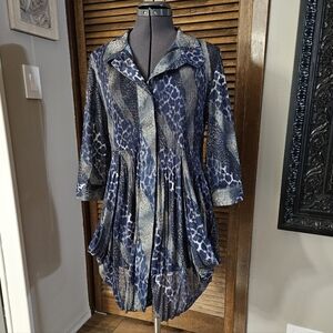 Blue Animal Print Button-Up Blouse.